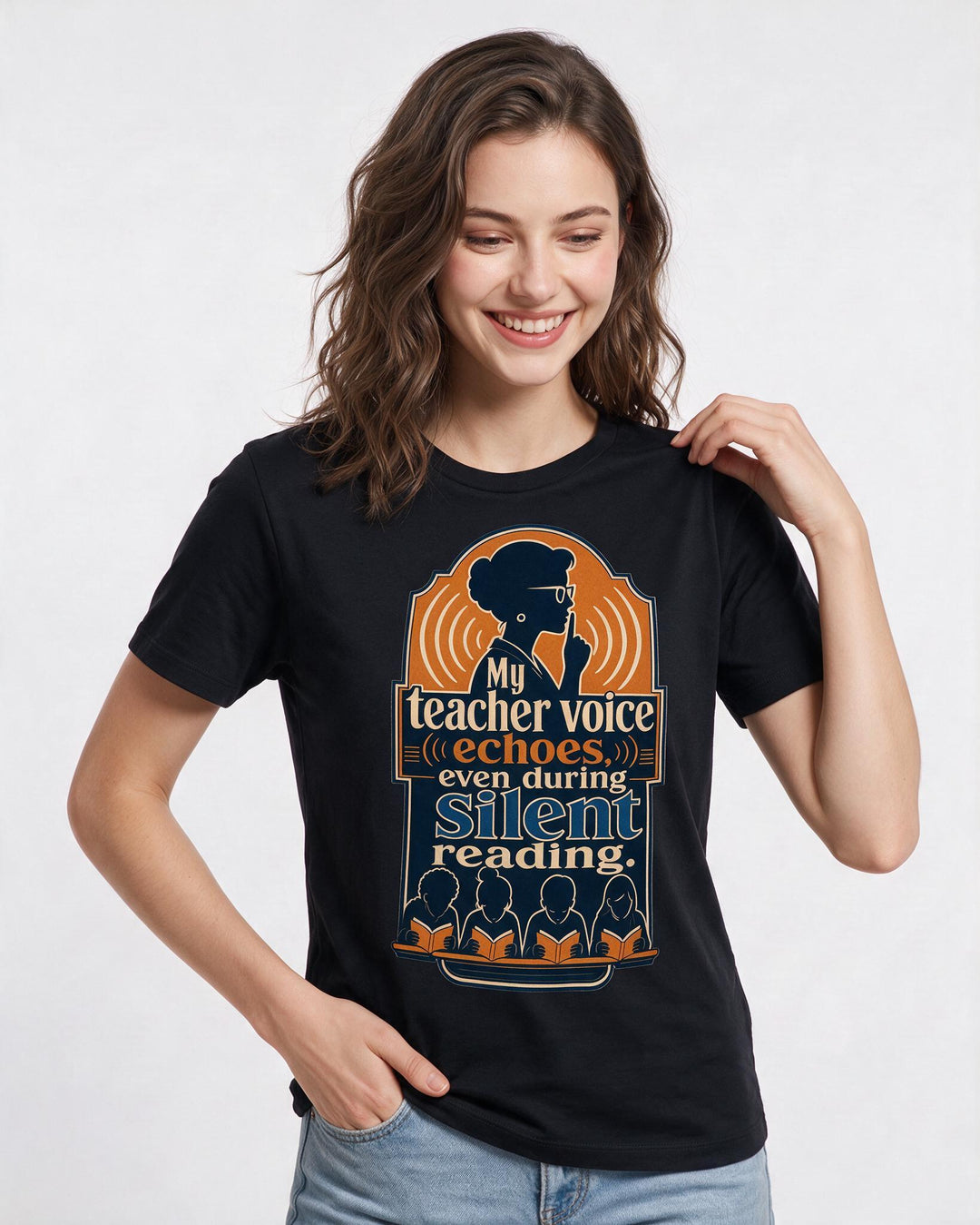 Teacher Women's Black T-Shirt – My teacher voice echoes, even during silent reading. product image 3