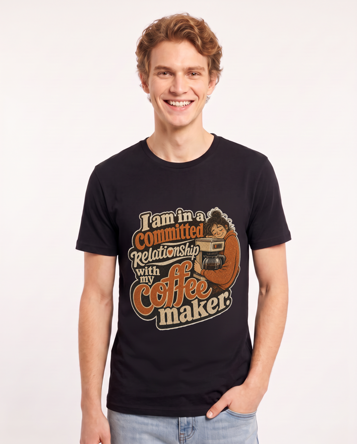 Funny Mom Men's Black T-Shirt – I am in a committed relationship with my coffee maker. product image 1