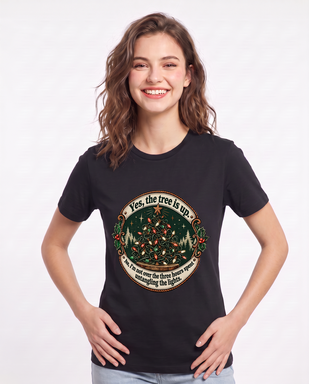 Yes, the tree is up. No, I'm not over the three hours spent untangling the lights. Women's Black T-Shirt product image 1