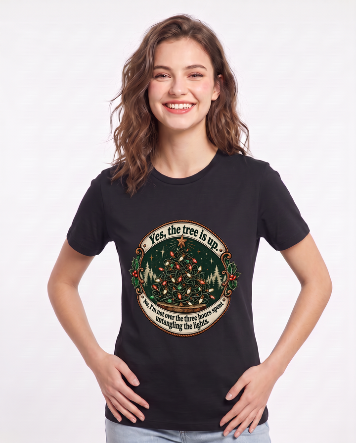 Yes, the tree is up. No, I'm not over the three hours spent untangling the lights. Women's Black T-Shirt product image 1