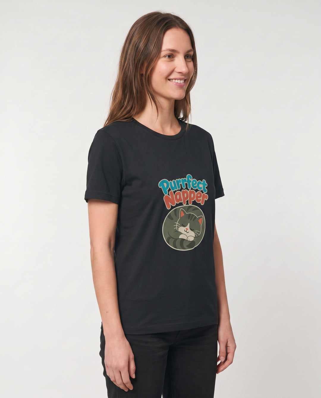 Purrfect Napper Black T-Shirt mockup 2