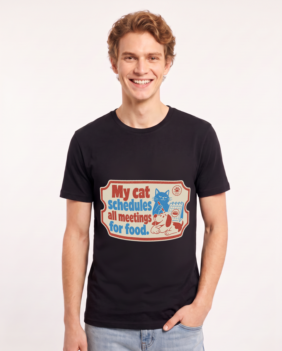 Graphic Men's Black T-Shirt - My cat schedules all meetings for food. product image 1