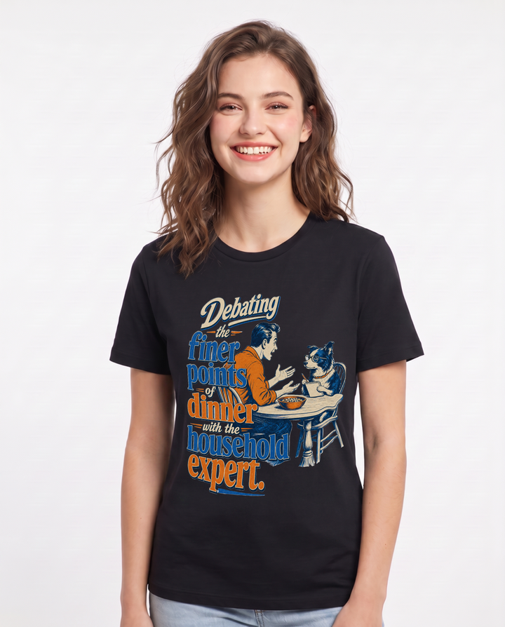 Funny Cat Lover Women's Black T-Shirt – Debating the finer points of dinner product image 1