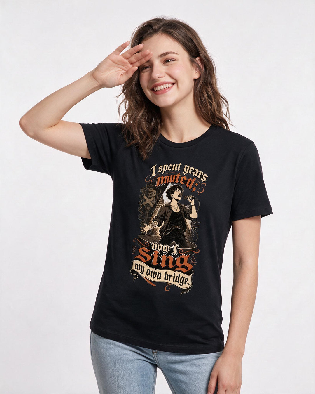 Pride Women's Black T-Shirt – I spent years muted; now I sing my own bridge. product image 3