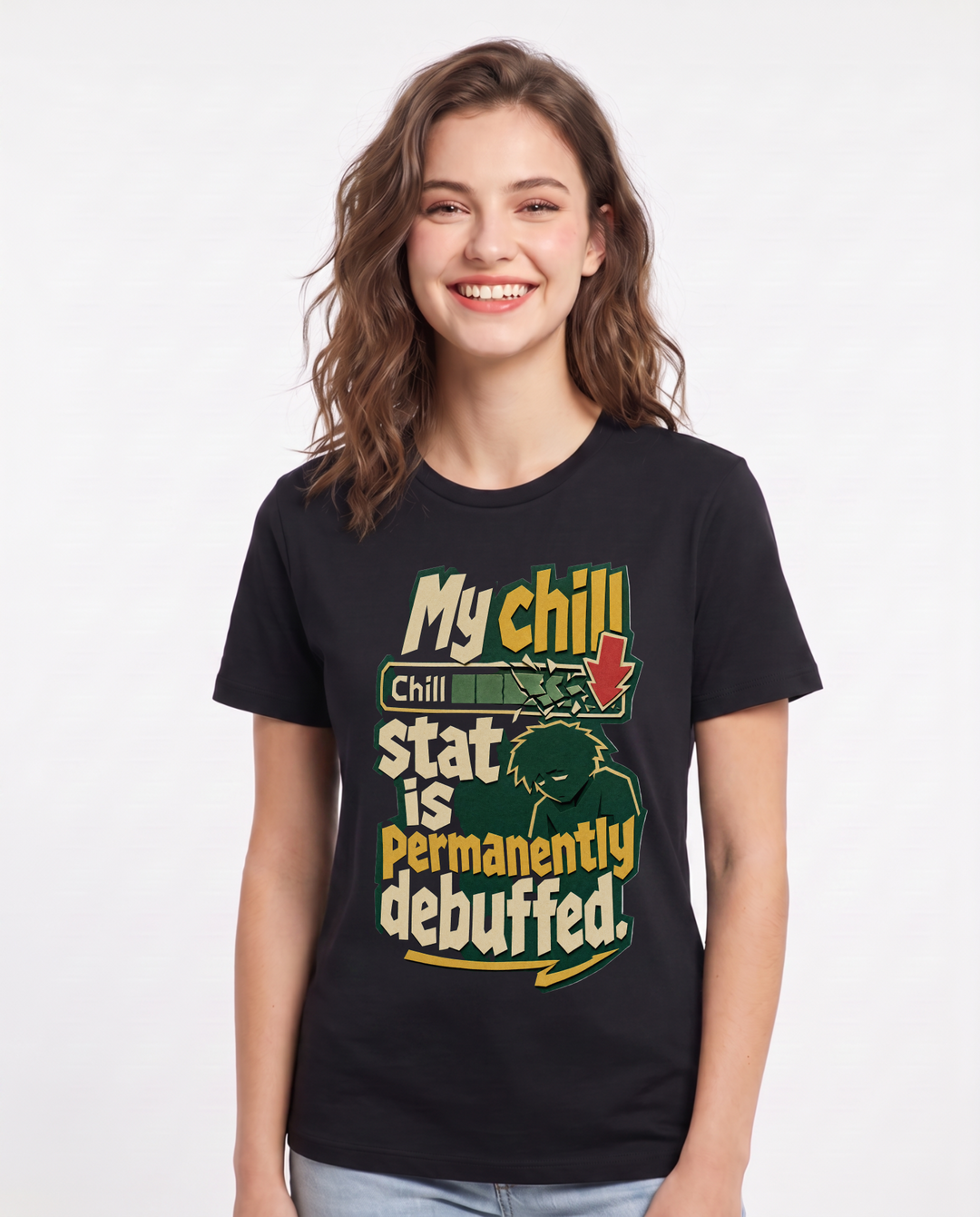 Funny Gaming Women's Black T-Shirt – My chill stat is permanently debuffed. product image 1