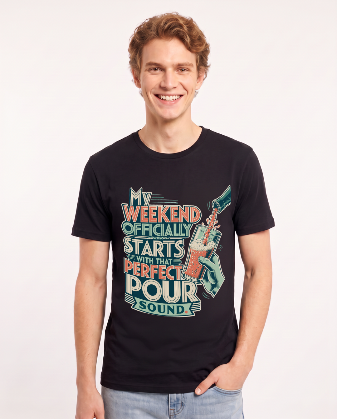 Beer Men's Black T-Shirt – My weekend officially starts with that perfect pour sound. product image 1