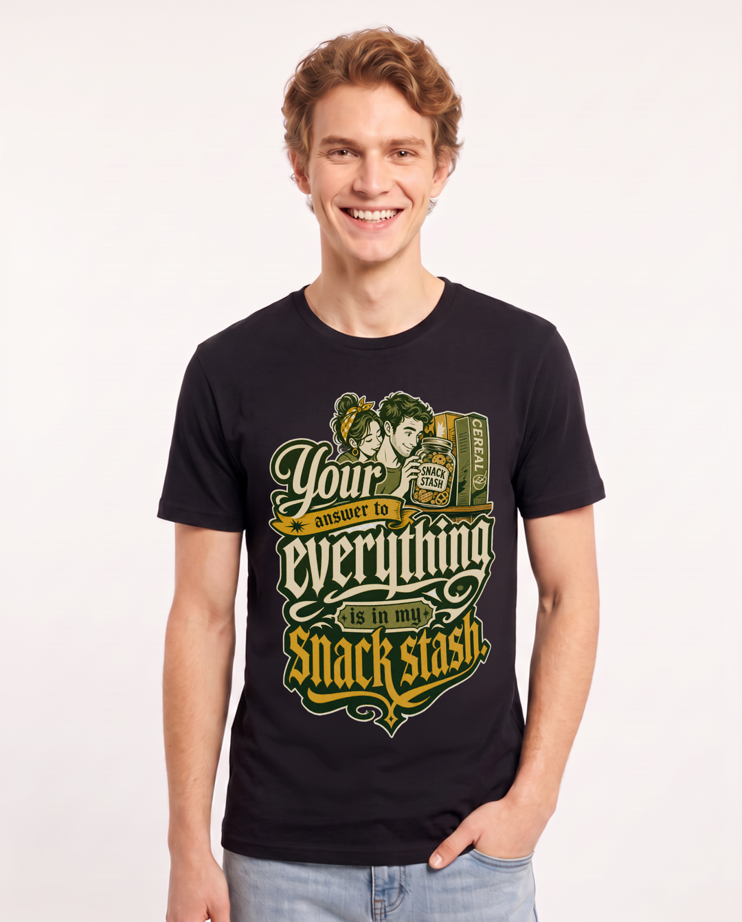 Funny Couples Men's Black T-Shirt – Your answer to everything is in my snack product image 1