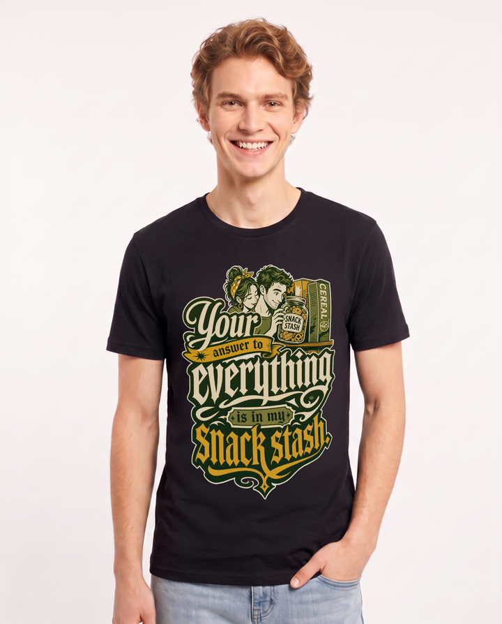 Funny Couples Men's Black T-Shirt – Your answer to everything is in my snack product image 1