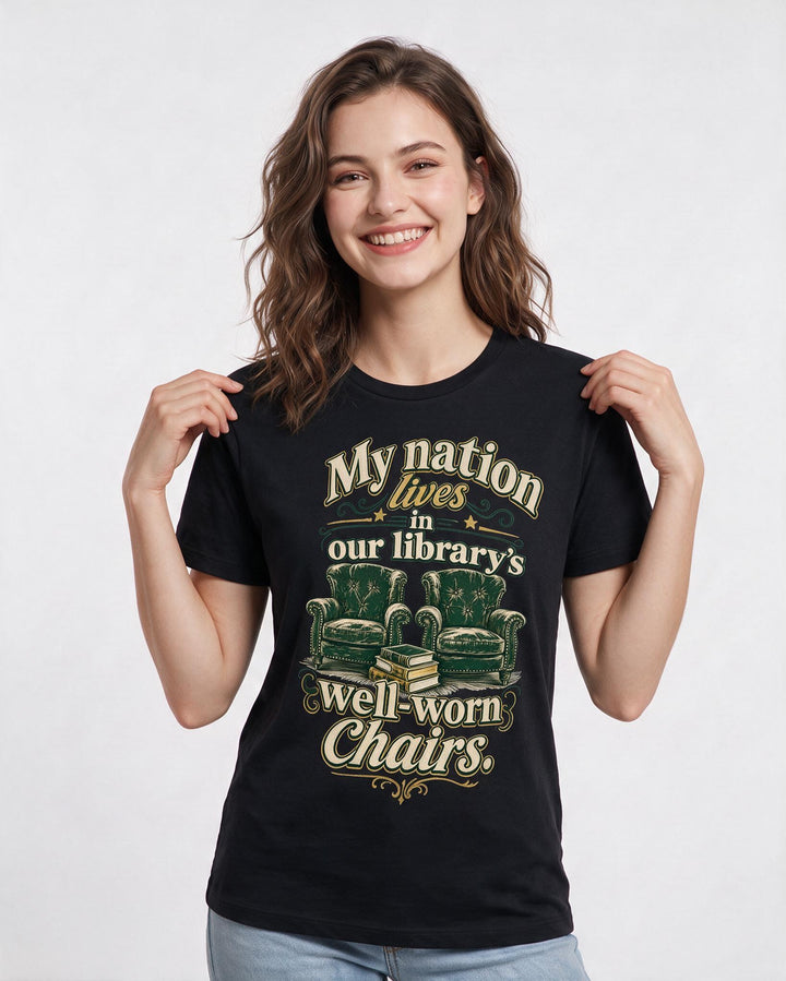 Patriotic Women's Black T-Shirt – My nation lives in our library's well-worn chairs product image 3