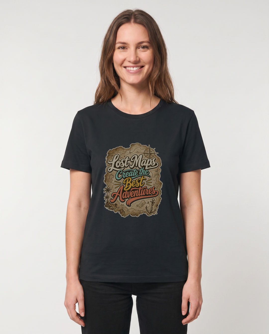 Lost Maps Create The Best Adventures Black T-Shirt mockup 1