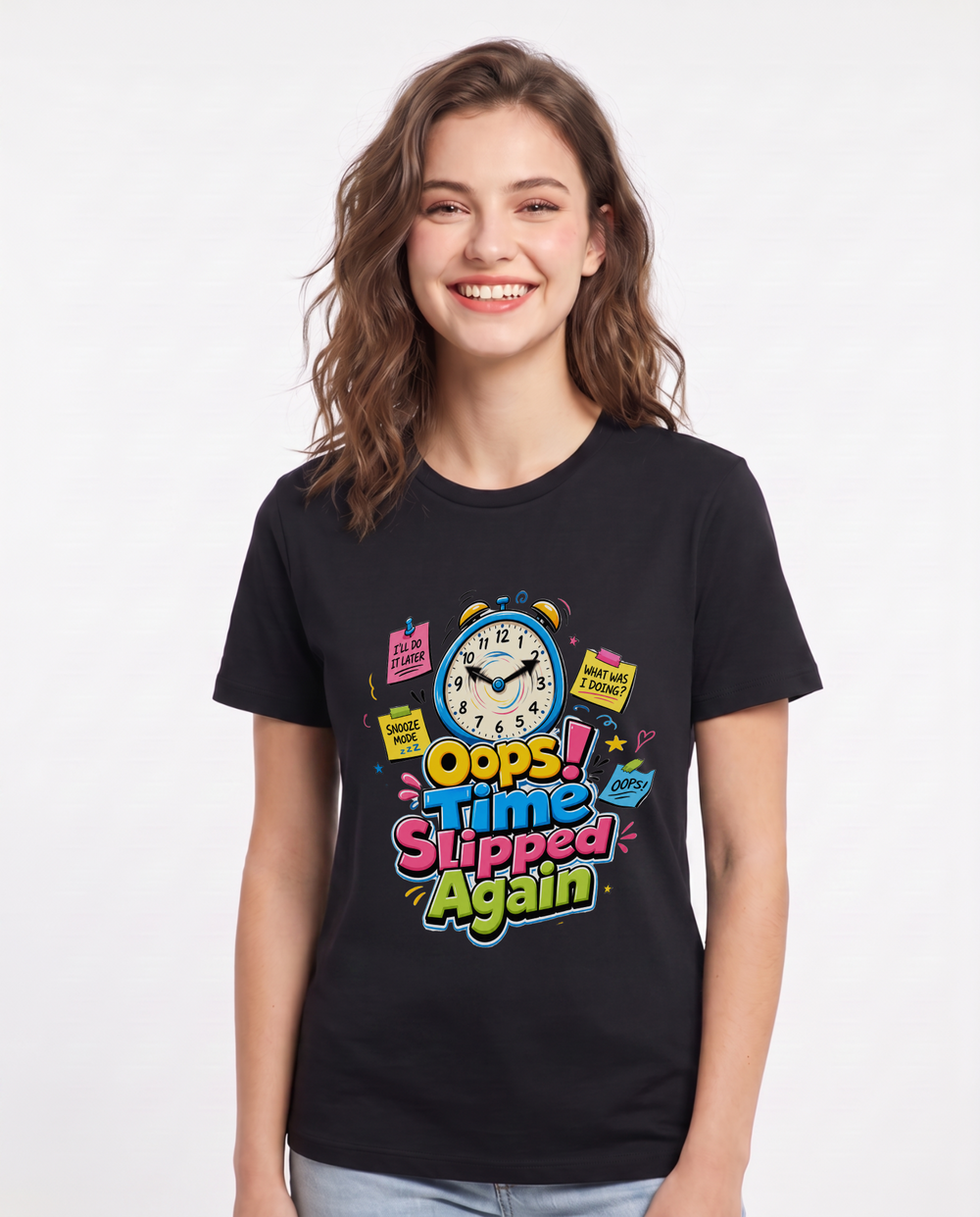 Oops! Time Slipped Again Women's Black T-Shirt product image 2