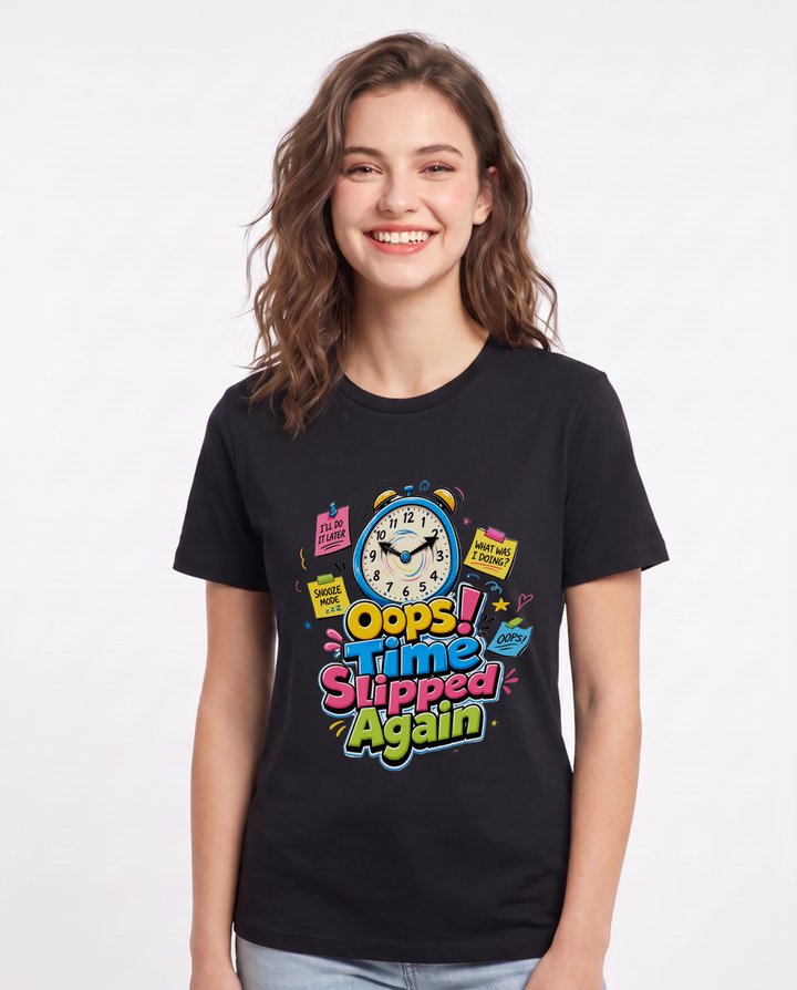 Oops! Time Slipped Again Women's Black T-Shirt product image 2