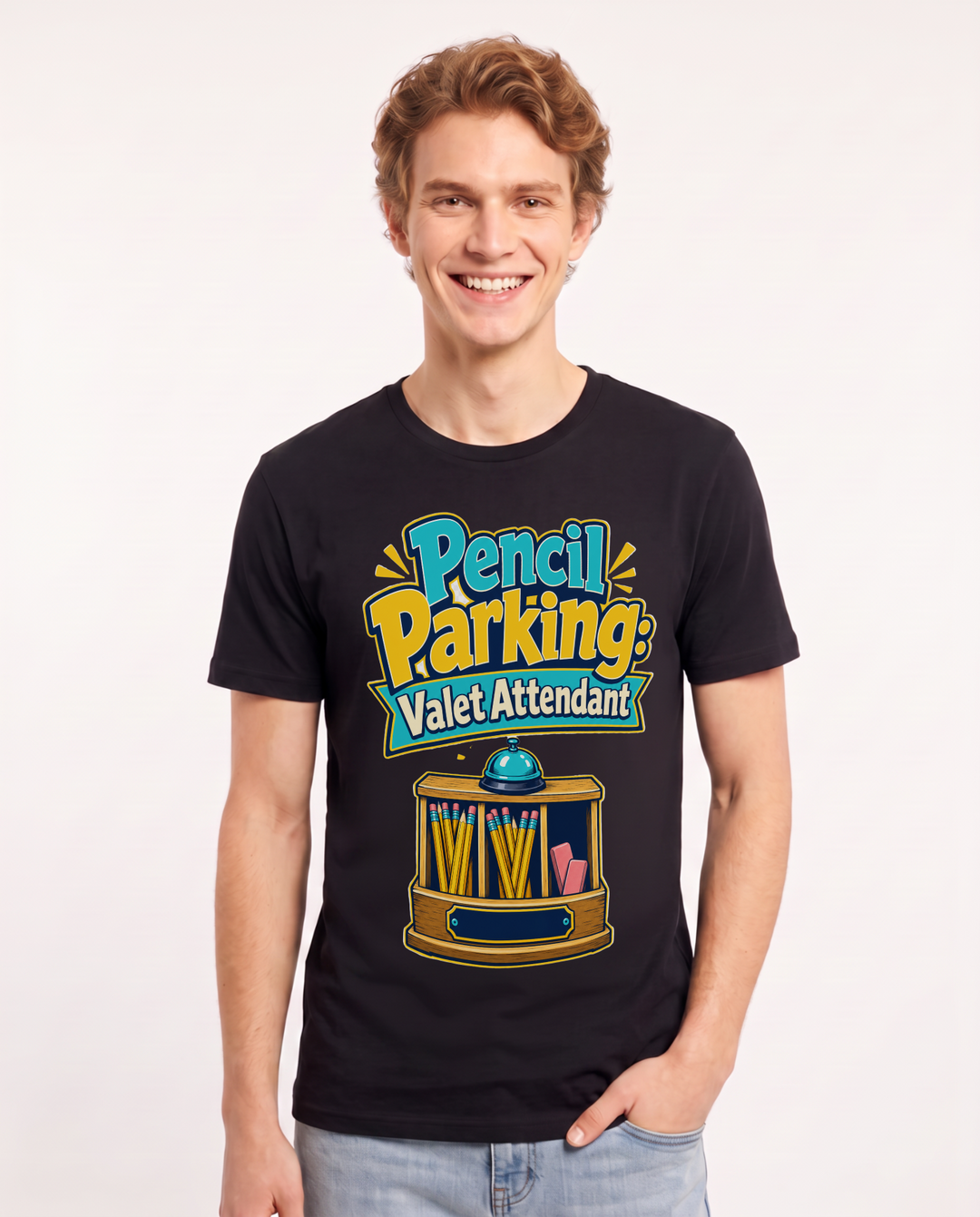 Funny Teacher Men's Black T-Shirt – Pencil Parking: Valet Attendant product image 1