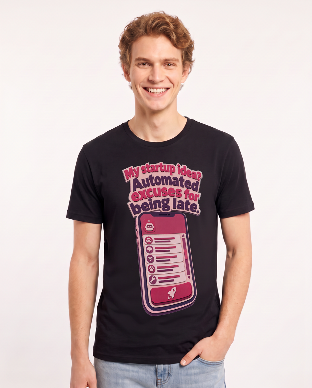 Funny Meme Men's Black T-Shirt – My startup idea? Automated excuses for being late. product image 1