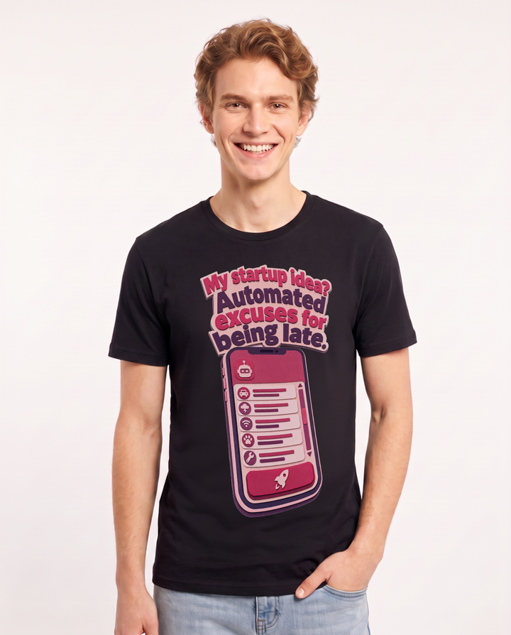 Funny Meme Men's Black T-Shirt – My startup idea? Automated excuses for being late. product image 1