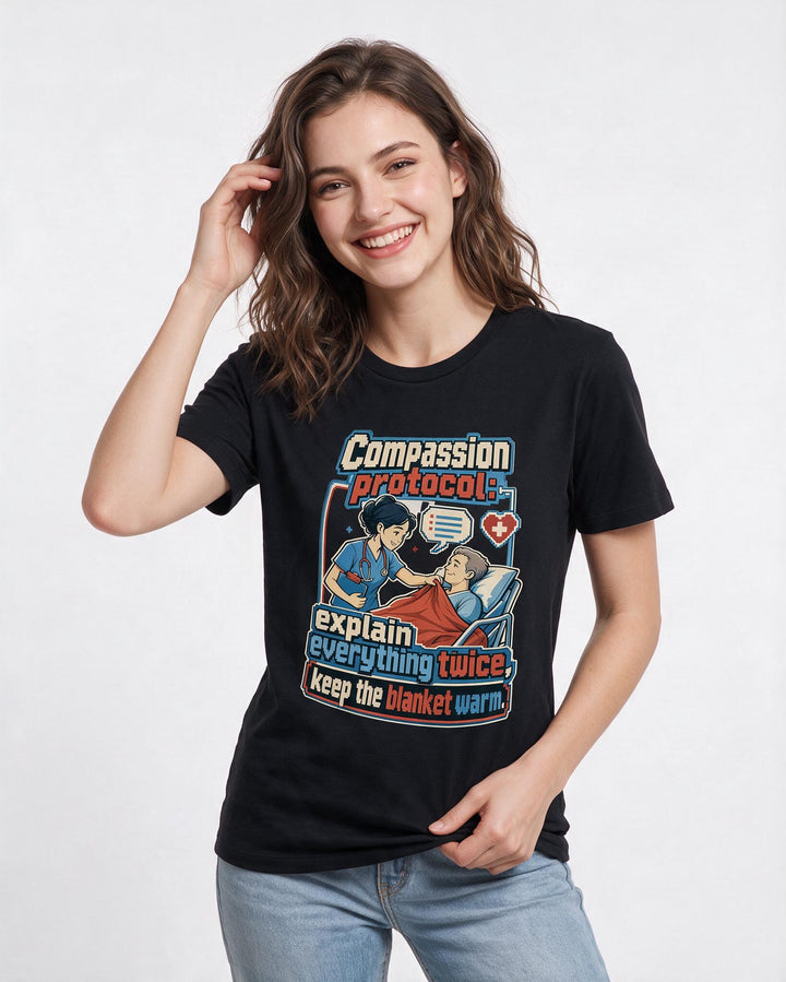 Nurse Women's Black T-Shirt – Compassion protocol: explain everything twice, keep the blanket warm. product image 3