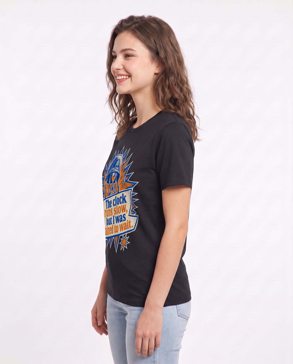 Graphic Women's Black T-Shirt - The clock runs slow, but I was trained product image 2
