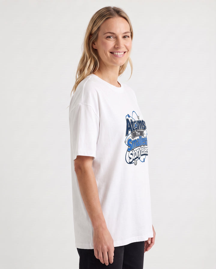 Atoms: The Smallest Storytellers White T-Shirt mockup 2
