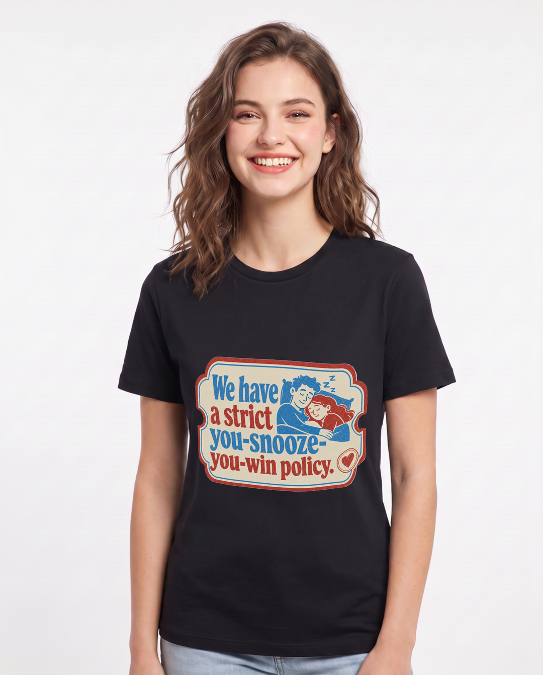 Couples Women's Black T-Shirt - We have a strict you-snooze-you-win product image 1