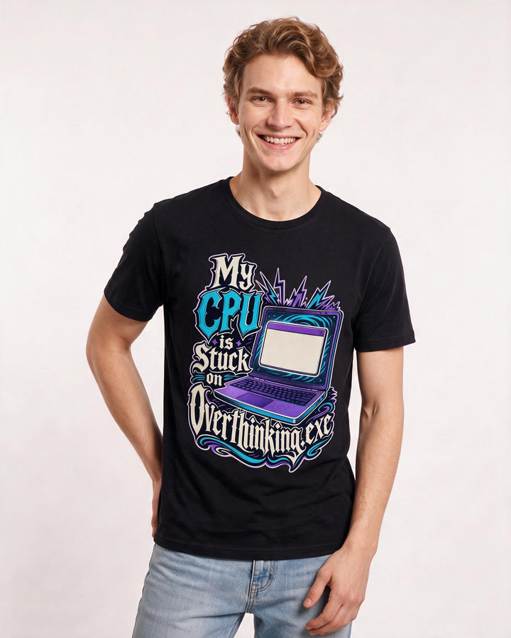 Funny Meme Men's Black T-Shirt – My CPU is stuck on overthinking.exe product image 3