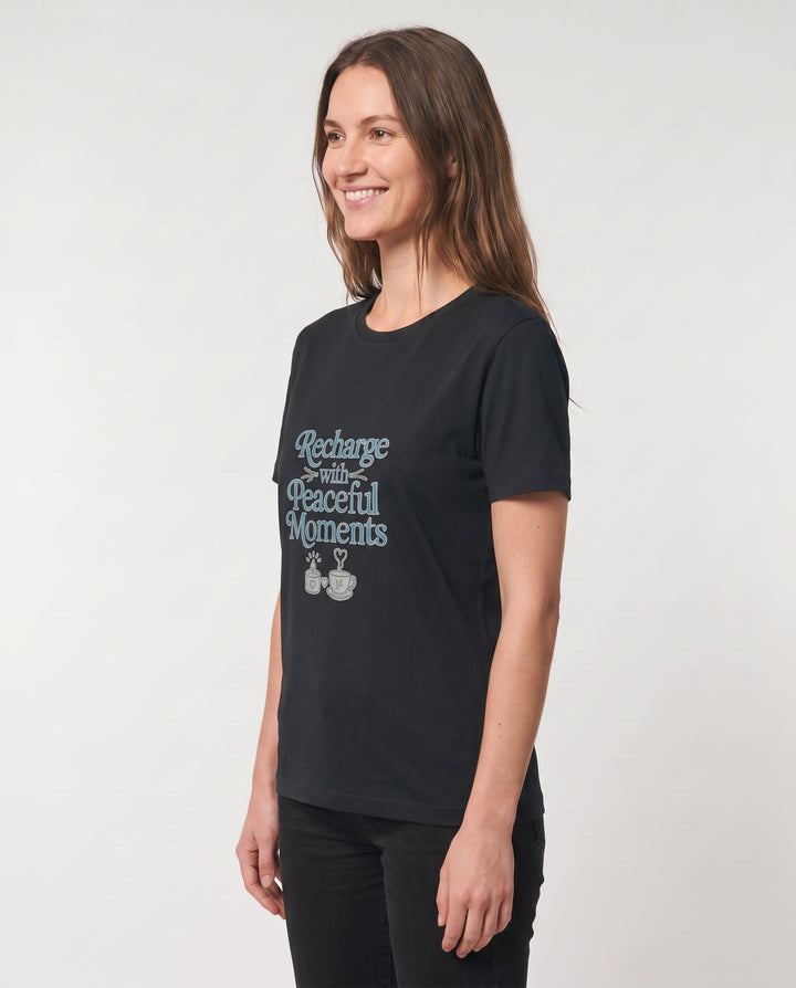 Recharge With Peaceful Moments Black T-Shirt mockup 2