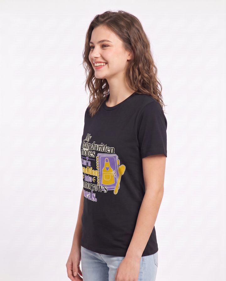 My handwritten notes turn tradition into tomorrow's meals. Women's Black T-Shirt product image 3