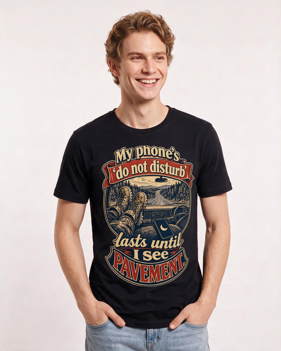 Hunting Men's Black T-Shirt – My phone's 'do not disturb' lasts until I see pavement. product image 3