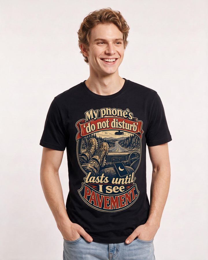 Hunting Men's Black T-Shirt – My phone's 'do not disturb' lasts until I see pavement. product image 3