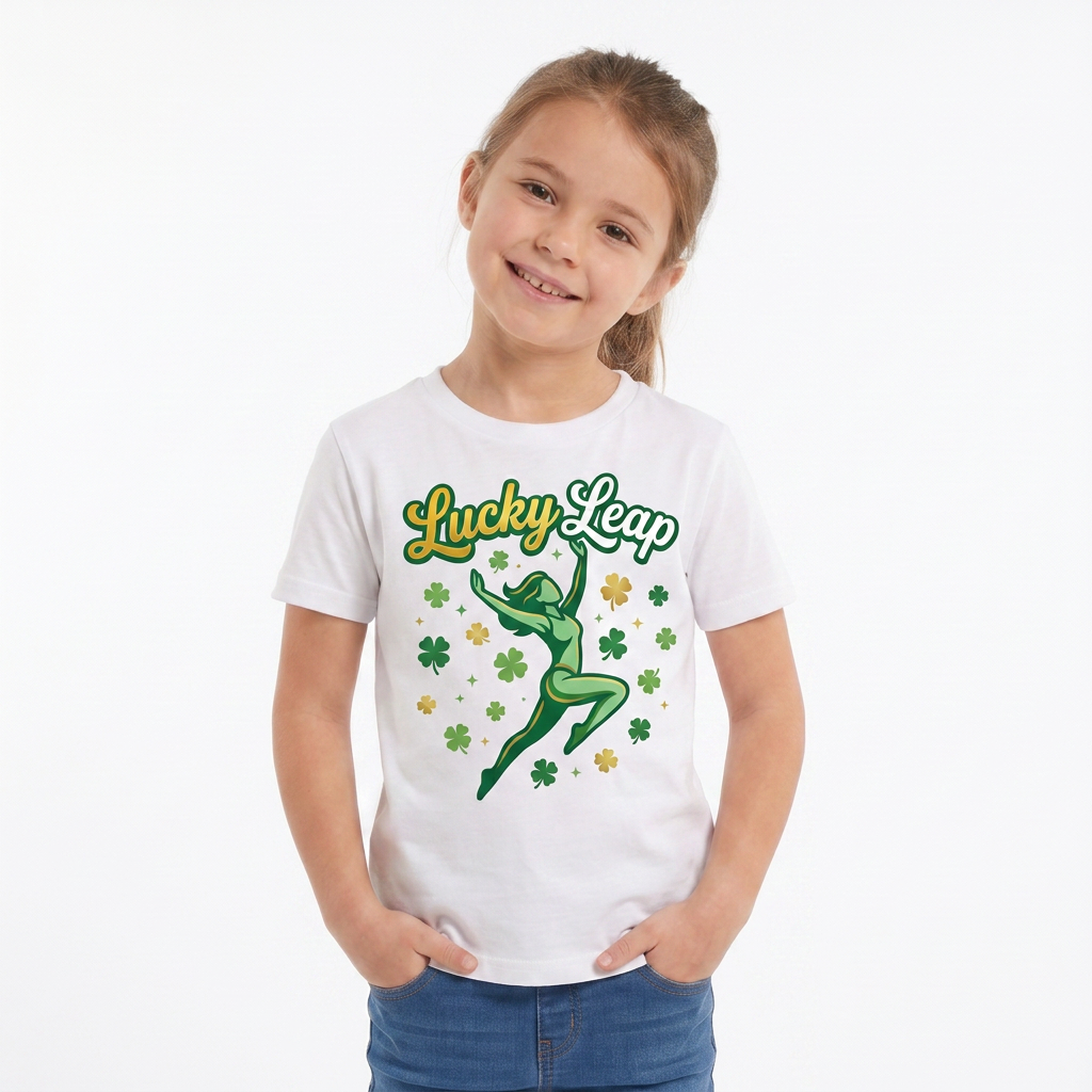 Lucky Leap Stylized Leap With Clovers White T-Shirt mockup 3
