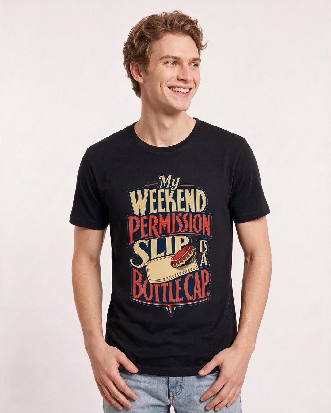Beer Men's Black T-Shirt – My weekend permission slip is a bottle cap. product image 3