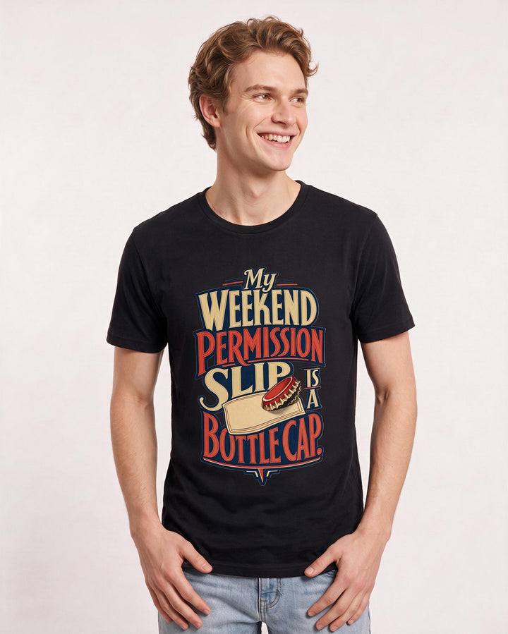 Beer Men's Black T-Shirt – My weekend permission slip is a bottle cap. product image 3