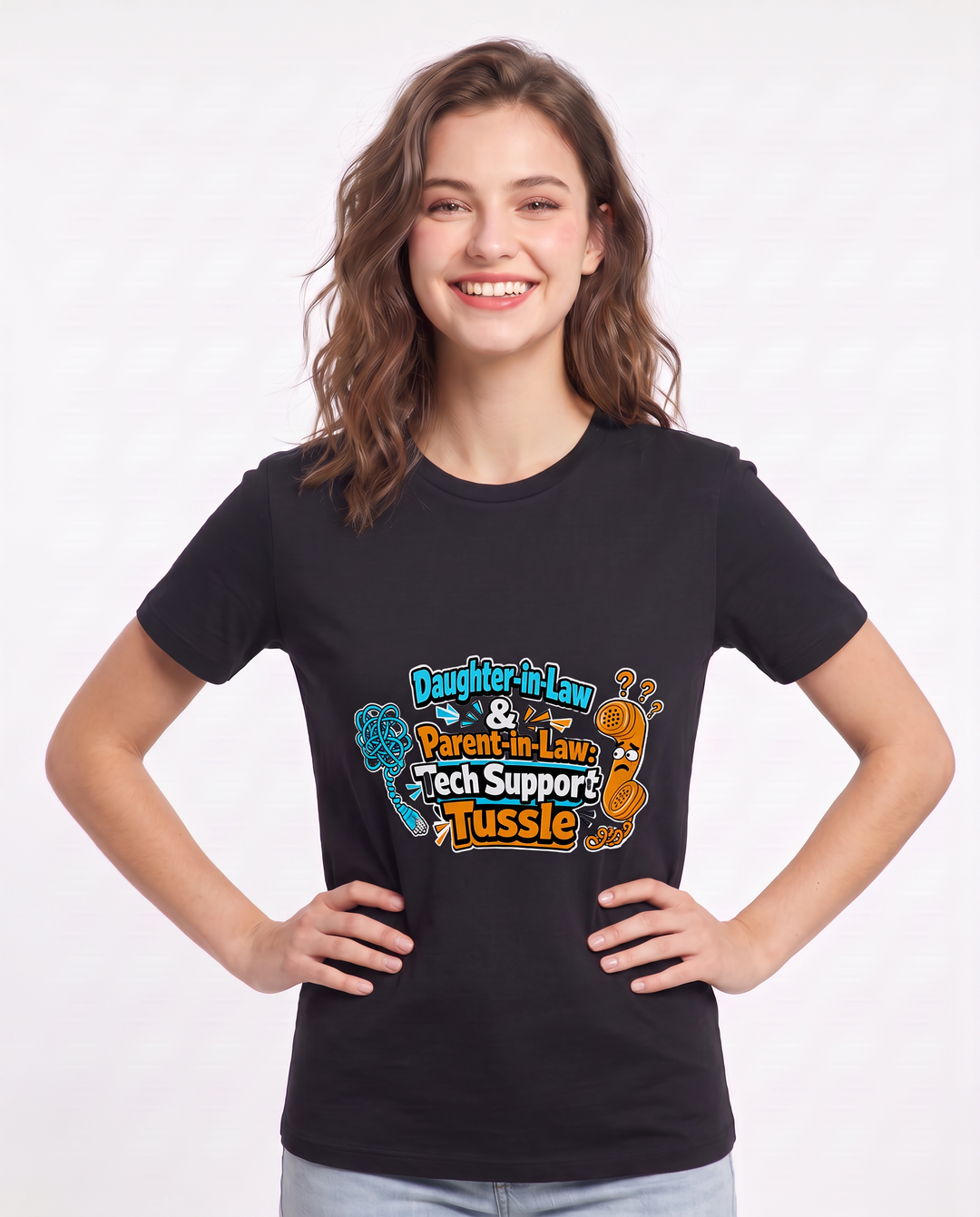 Daughter-in-Law & Parent-in-Law: Tech Support Tussle Women's Black T-Shirt product image 1