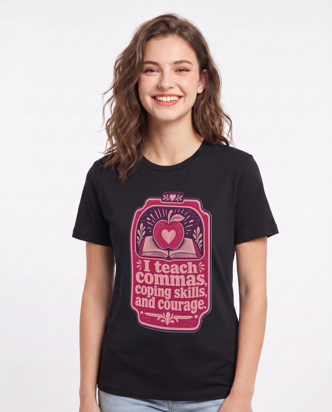 Teacher Gift Women's Black T-Shirt - I teach commas, coping skills, product image 1