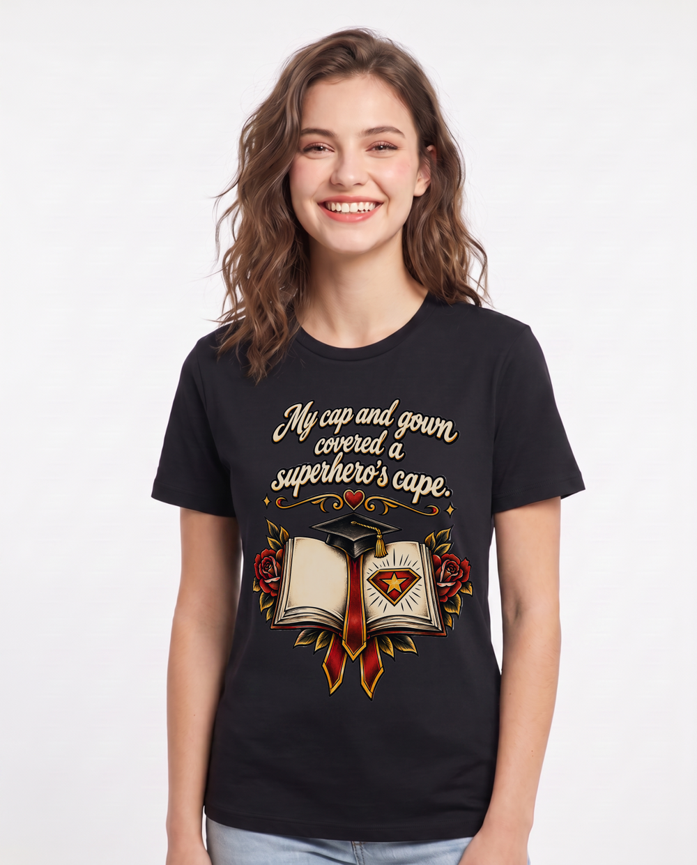 My cap and gown covered a superhero's cape. Women's Black T-Shirt product image 2