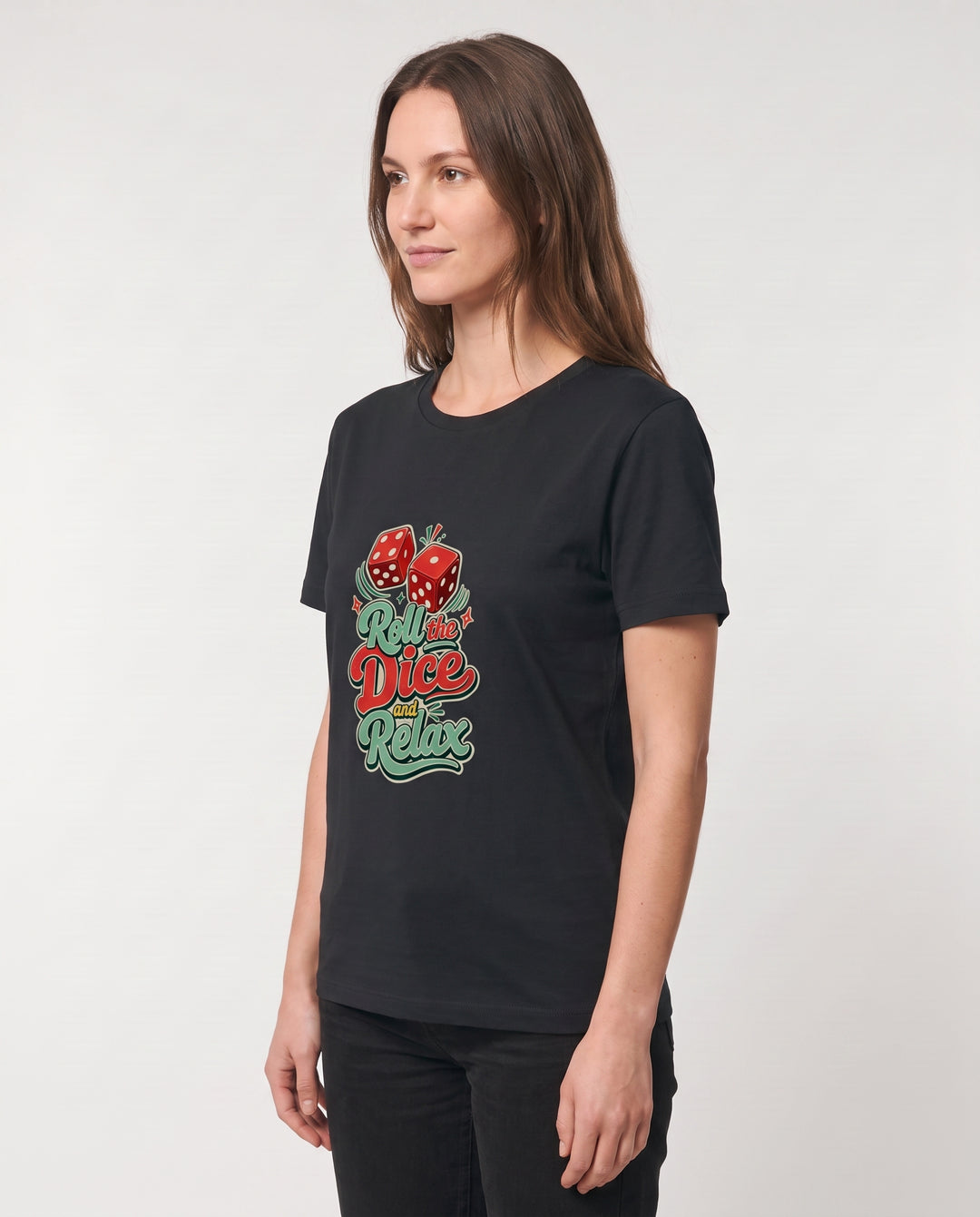Roll The Dice And Relax Black T-Shirt mockup 2