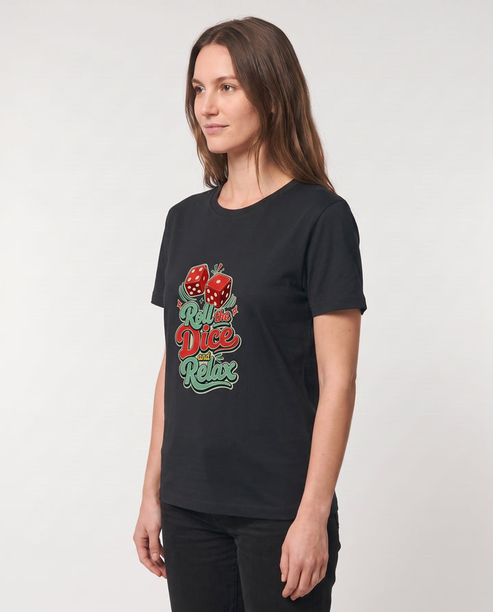 Roll The Dice And Relax Black T-Shirt mockup 2