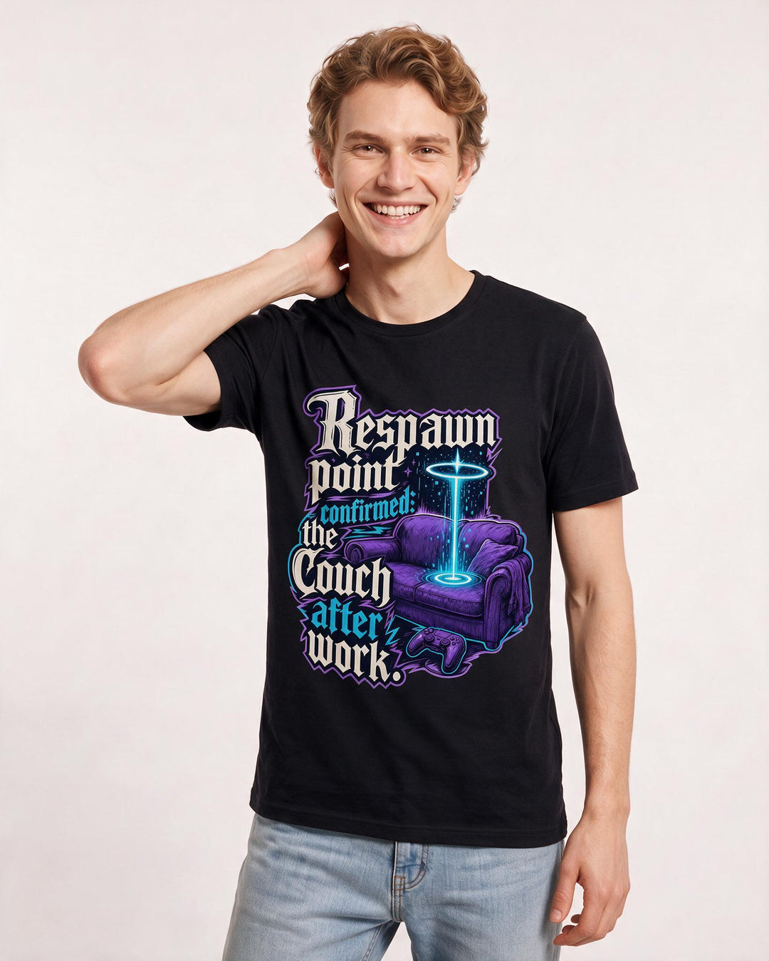 Gaming Men's Black T-Shirt – Respawn point confirmed: the couch after work product image 3