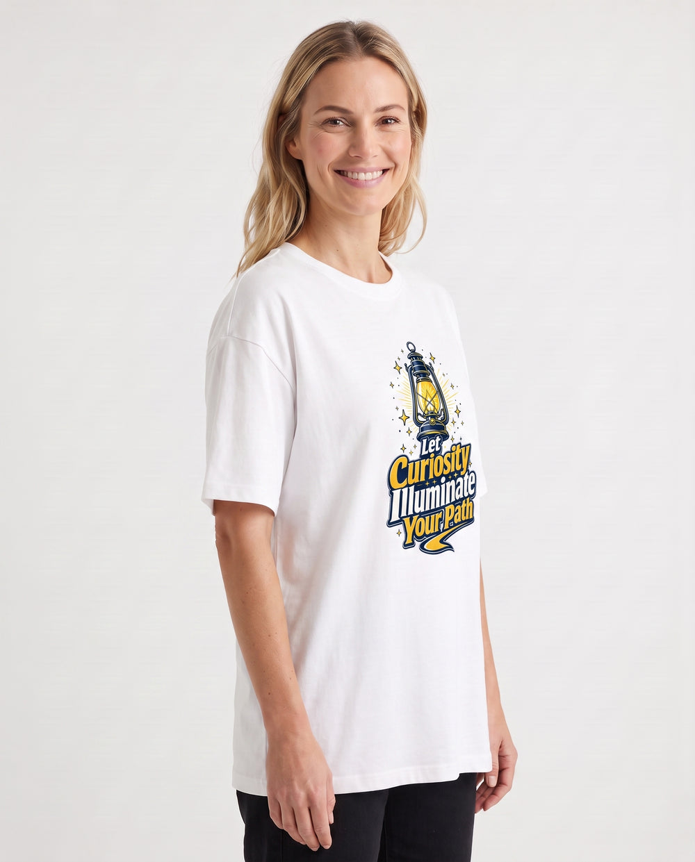 Let Curiosity Illuminate Your Path White T-Shirt mockup 2