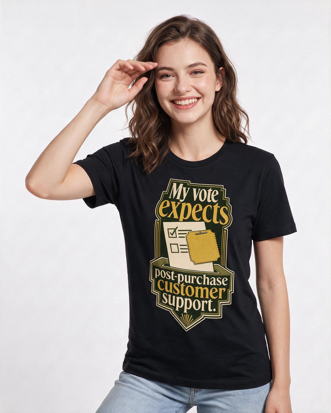 Political Statement Women's Black T-Shirt – My vote expects post-purchase customer support. product image 3