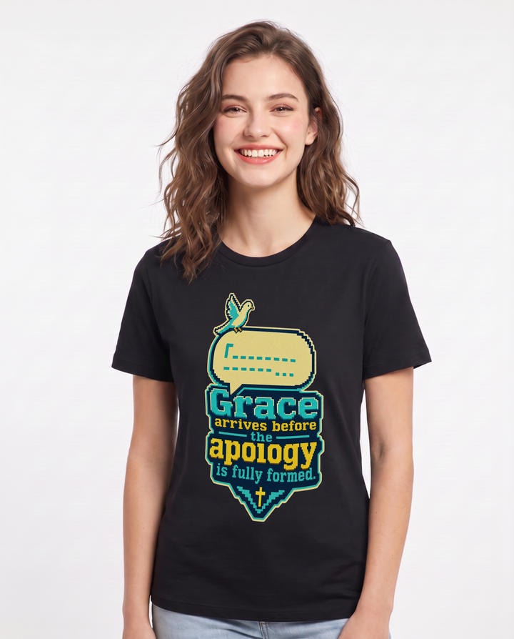 Christian Faith Women's Black T-Shirt – Grace arrives before the apology is fully formed. product image 1