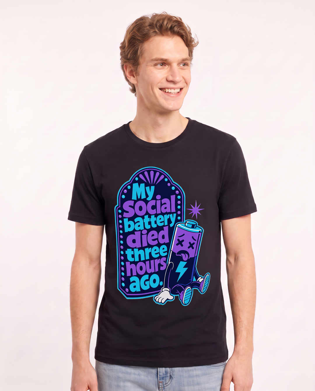Graphic Men's Black T-Shirt - My social battery died three hours ago. product image 3