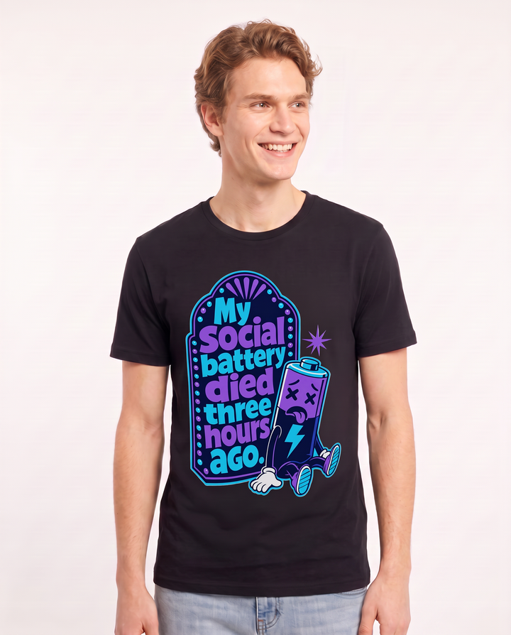 Graphic Men's Black T-Shirt - My social battery died three hours ago. product image 3