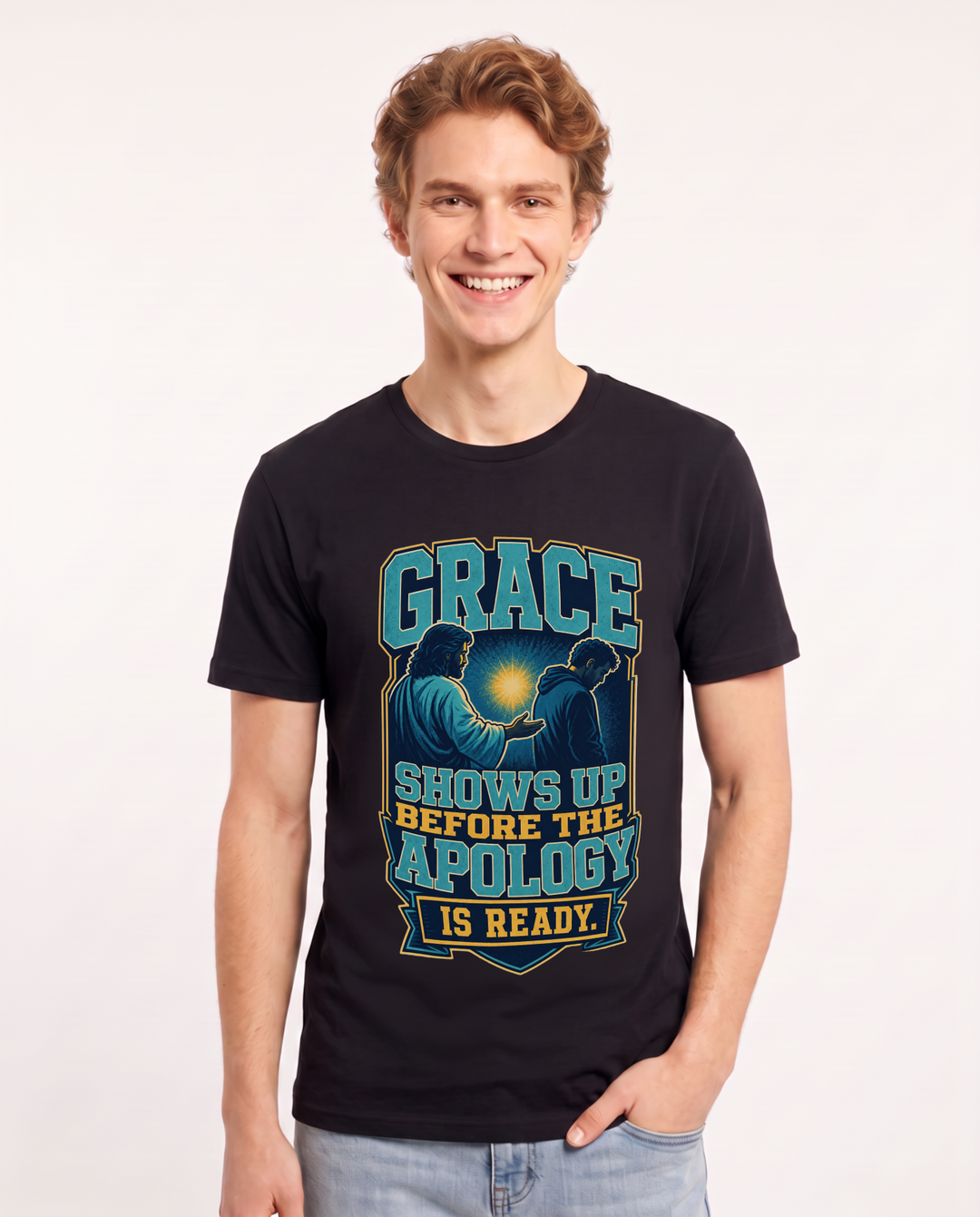 Christian Faith Men's Black T-Shirt – Grace shows up before the apology is product image 1