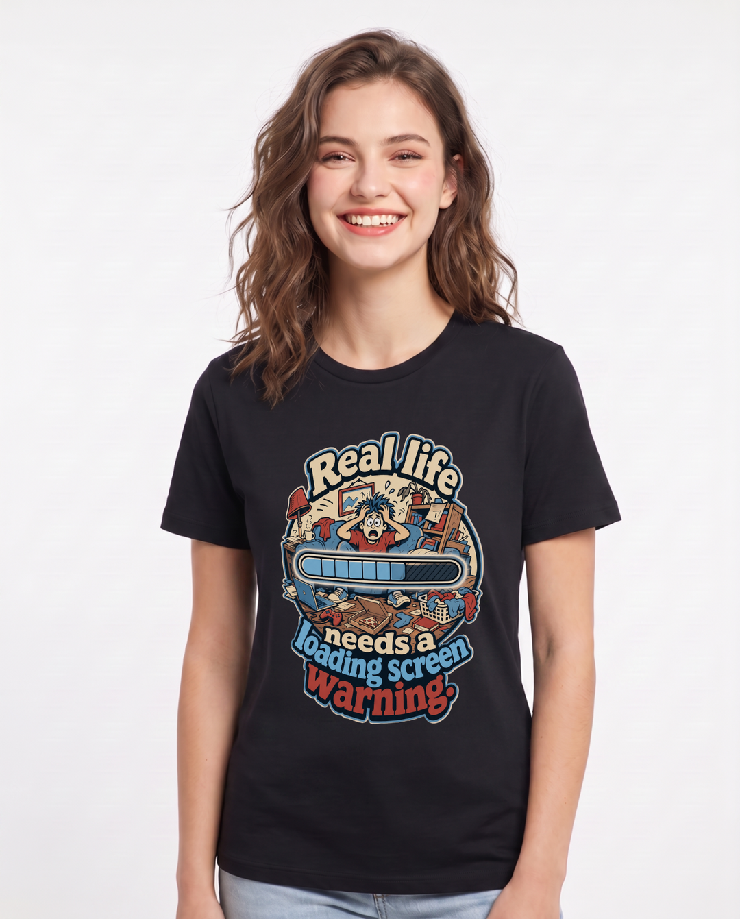 Funny Gaming Women's Black T-Shirt – Real life needs a loading screen warning. product image 1