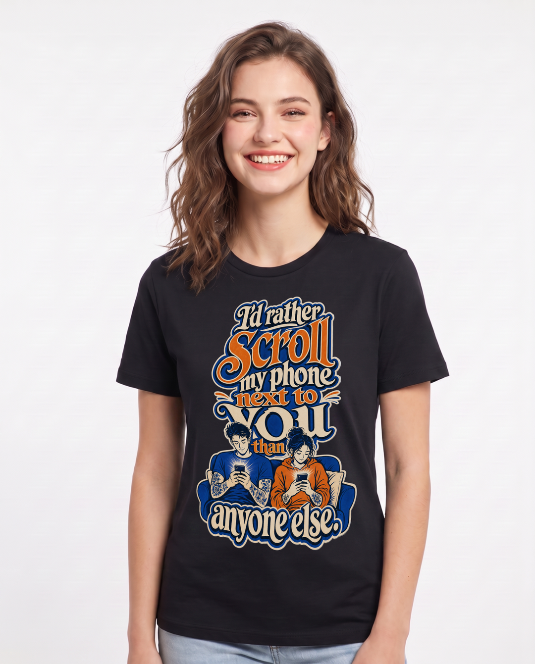 Couples Women's Black T-Shirt – I'd rather scroll my phone next to you than anyone else. product image 1