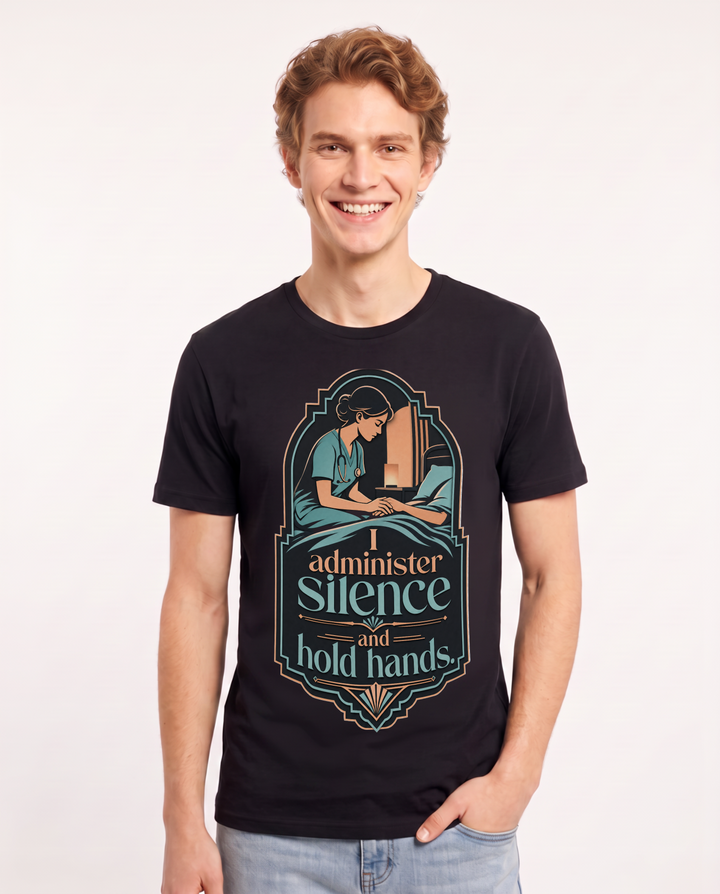 Nurse Men's Black T-Shirt – I administer silence and hold hands. product image 1