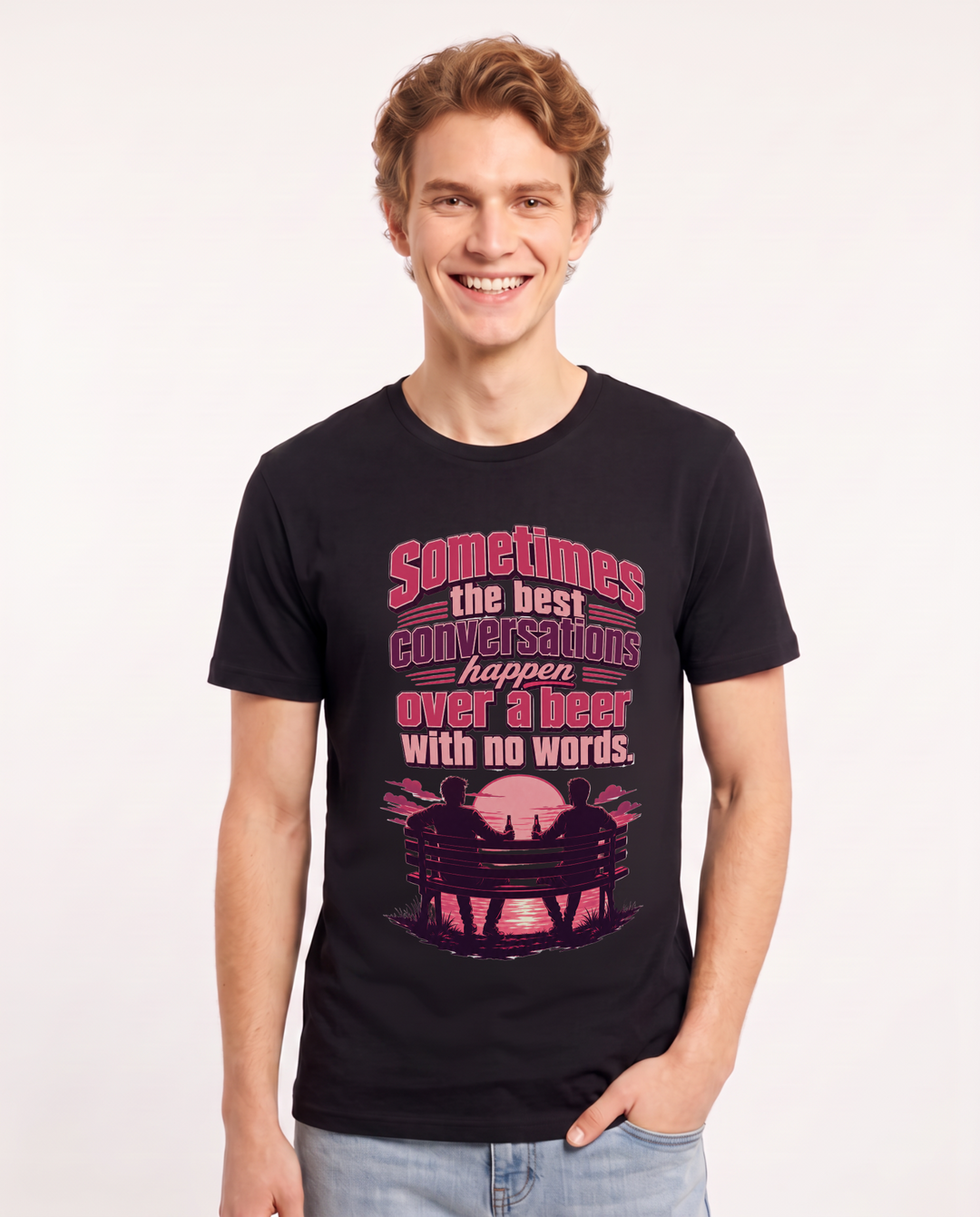 Beer Men's Black T-Shirt – Sometimes the best conversations happen over a beer with no words. product image 1