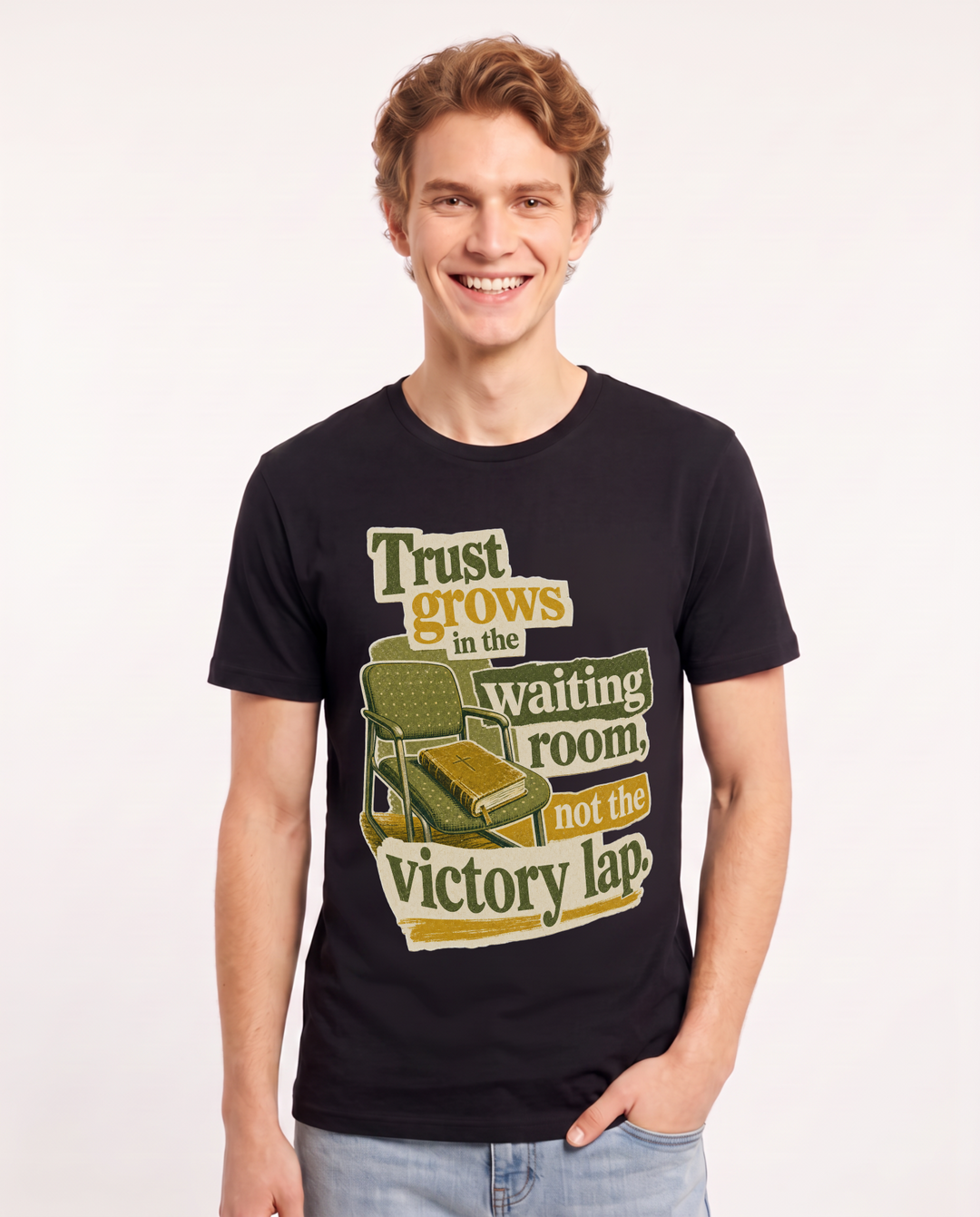 Christian Faith Men's Black T-Shirt – Trust grows in the waiting room, not the victory lap. product image 1
