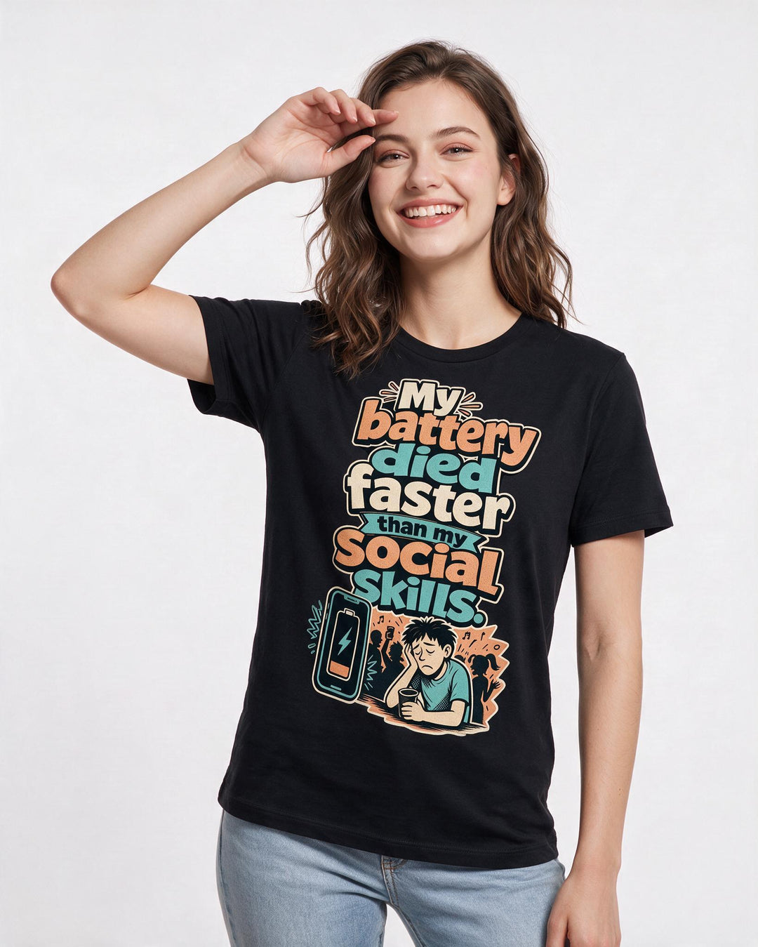 Funny Meme Women's Black T-Shirt – My battery died faster than my social product image 3