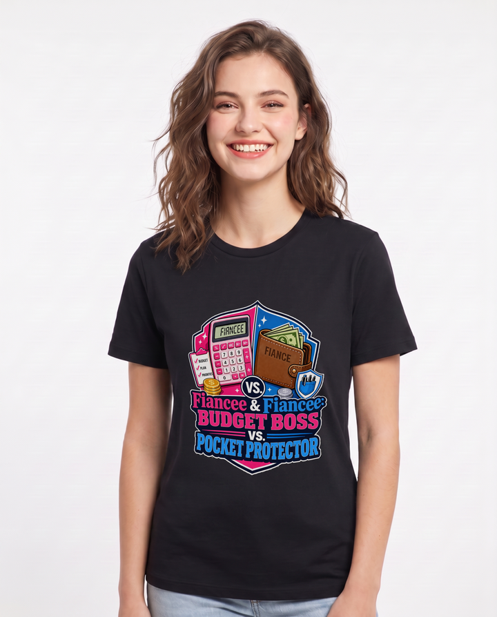 Fiancee & Fiance: Budget Boss vs. Pocket Protector Women's Black T-Shirt product image 2